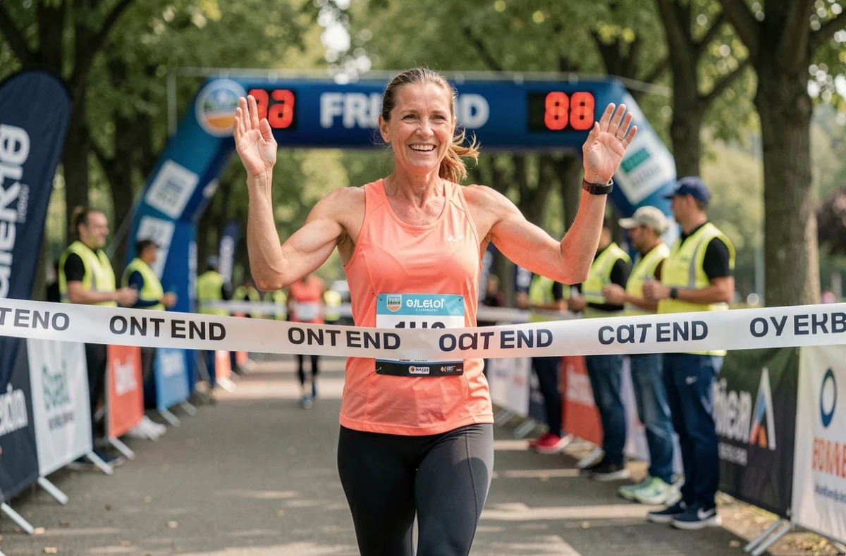 Femme de 55 ans franchissant la ligne d'arrivée d'un marathon en souriant, bras légèrement levés, avec arche chronométrique et bénévoles en arrière-plan flou