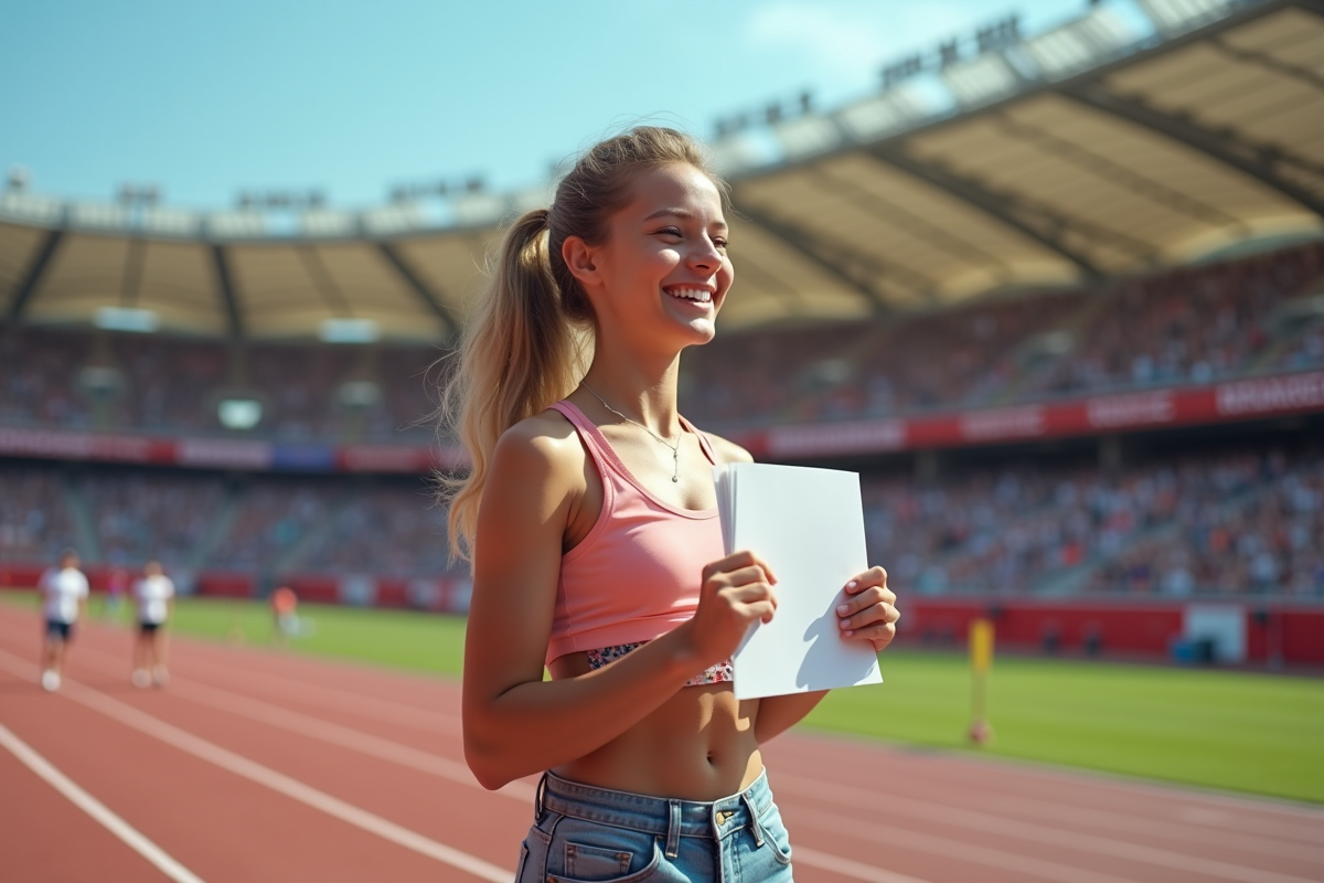 Jeune femme souriante avec certificat dans un stade en plein air