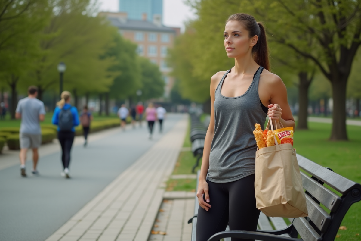 Femme sportive regardant dans le vide avec sac de courses dans un parc