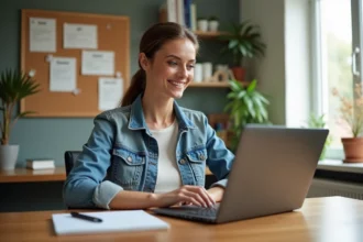 Femme en bureau à domicile avec ordinateur portable