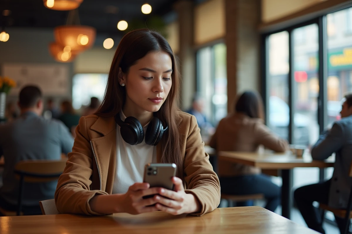 Femme au café regardant des avis Beatpunch sur son smartphone