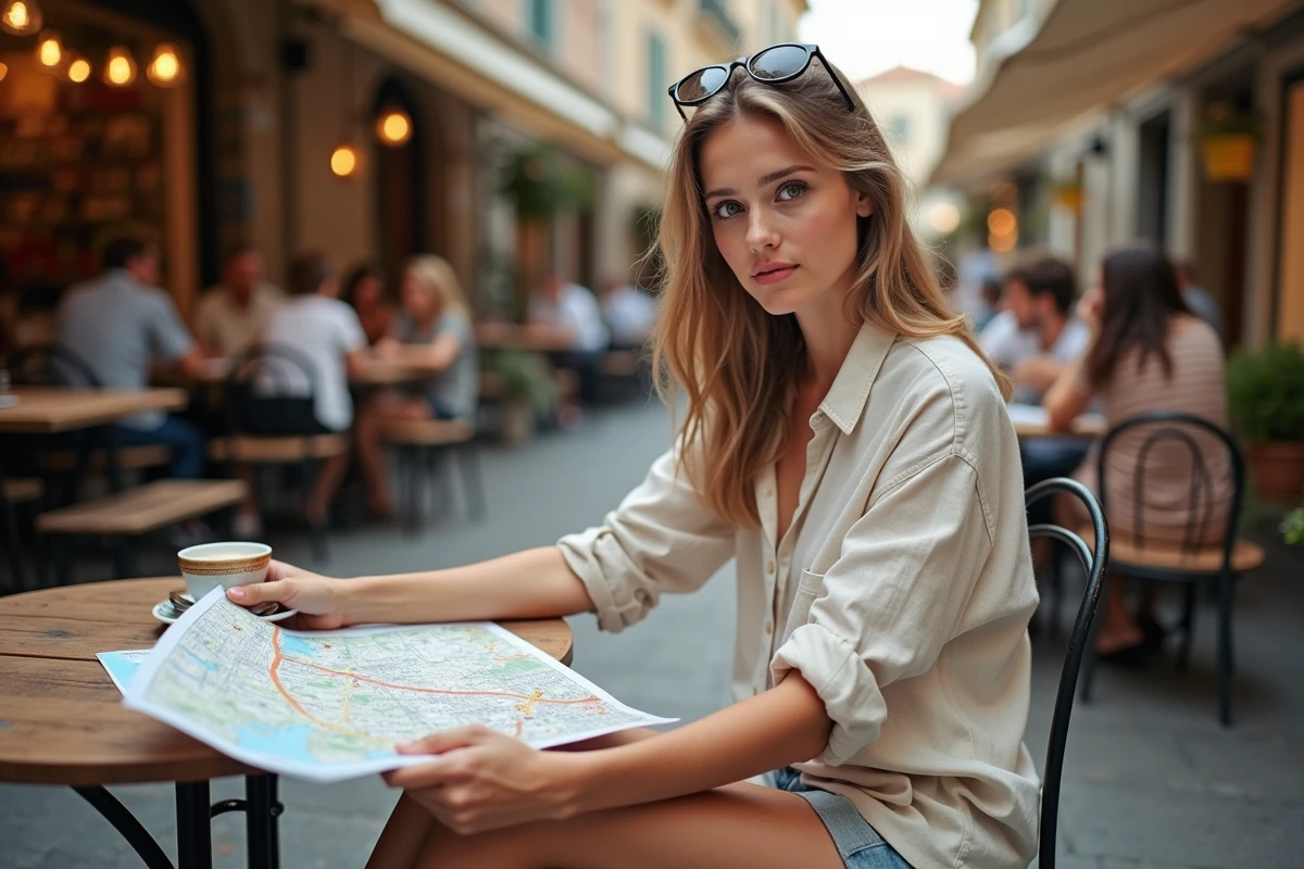 Jeune femme avec carte au café de Montalivet