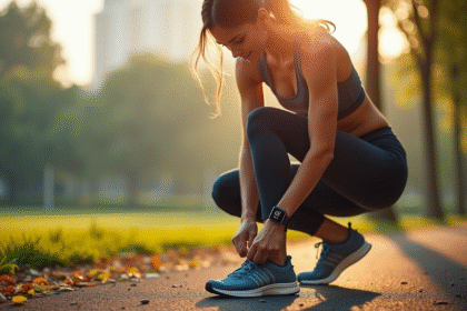 Femme sportive attachant ses chaussures dans un parc au matin