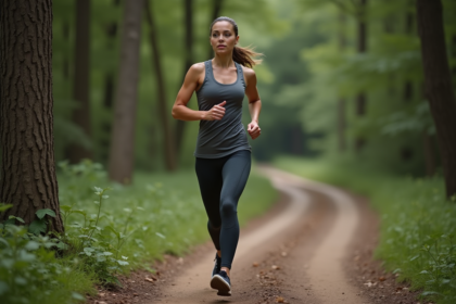 Femme en course à pied dans la forêt en extérieur
