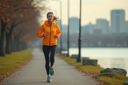 Jeune femme courant le long d'une rivière en ville