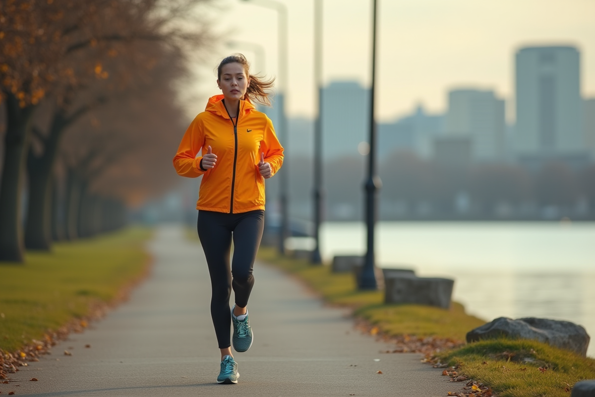 Jeune femme courant le long d'une rivière en ville