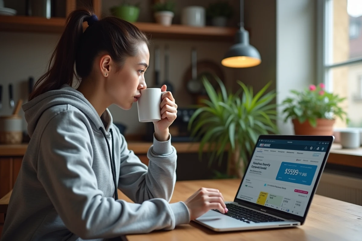 Jeune femme vérifiant les tarifs du marathon sur son ordinateur