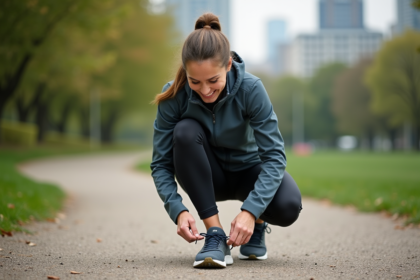 Femme d'âge moyen laceant ses chaussures de marche sur un sentier urbain