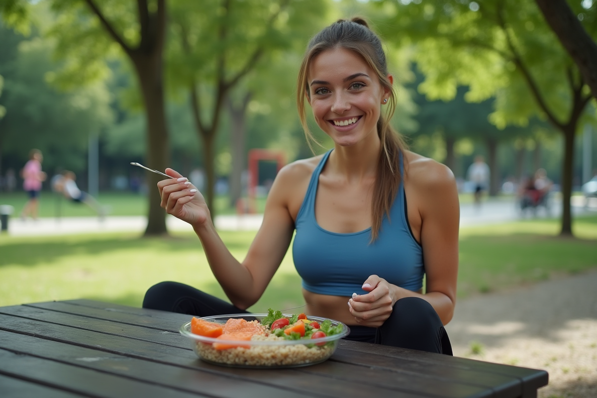 Femme mangeant un repas sain dans un parc vert