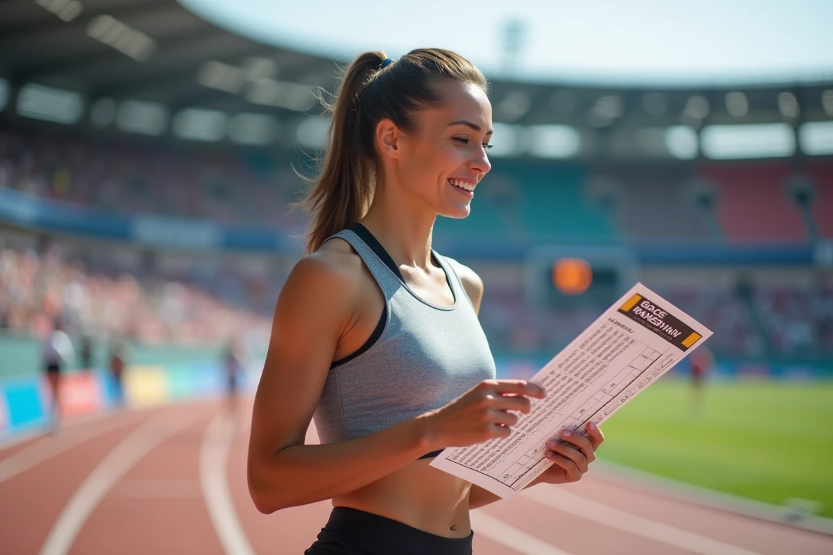 Femme coureuse consultante un tableau de rythme au stade
