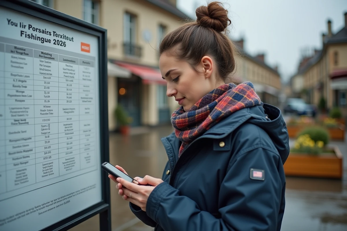 Jeune femme consulte un permis de peche sur son smartphone