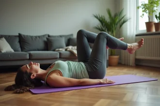 Femme pratiquant le Pilates sur un tapis violet dans son salon après le travail, exercice des cent, tenue de sport grise et verte