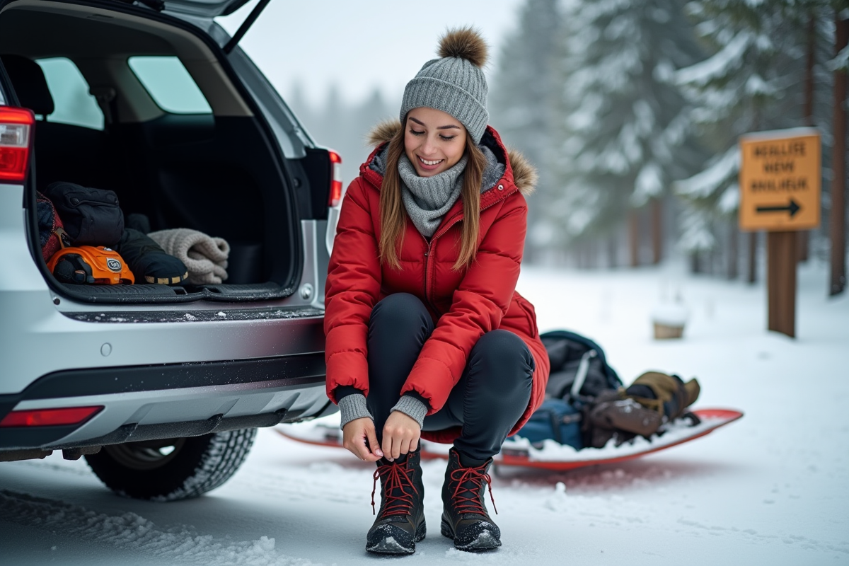 Jeune femme en veste rouge préparant ses bottes d