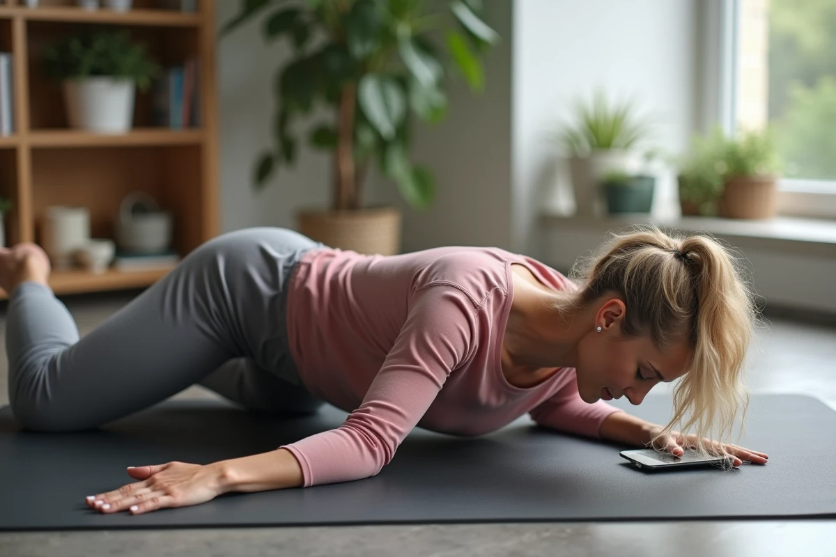 Femme d'âge mûr réalisant un programme Pilates gratuit à domicile, cercle de jambe sur tapis dans studio maison