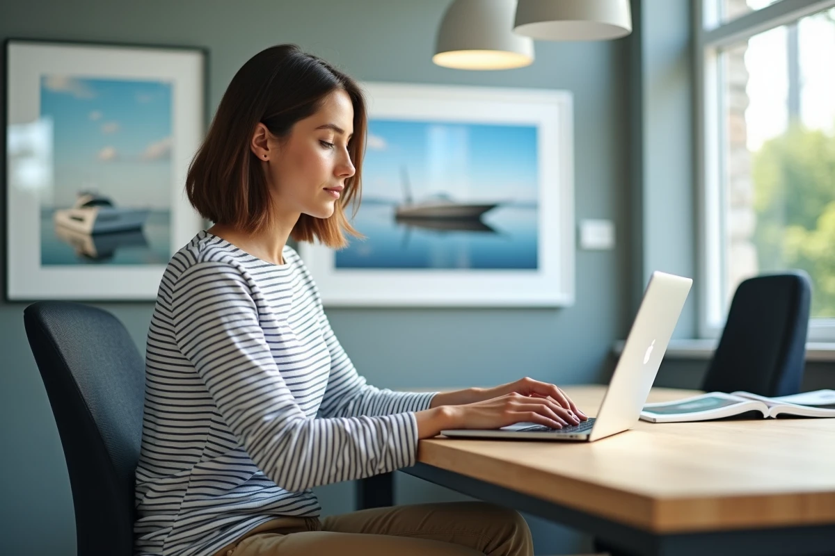 Jeune femme au bureau recherchant des options de bateaux
