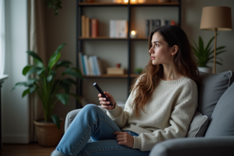 Jeune femme pensive sur un canapé dans un salon cosy