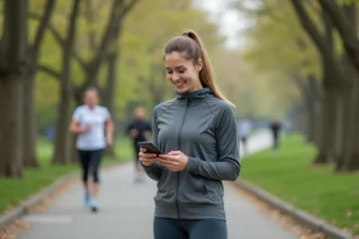 Femme sportive vérifiant une appli fitness dans un parc