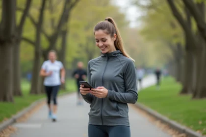 Femme sportive vérifiant une appli fitness dans un parc