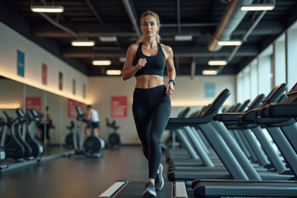 Jeune femme sportive courant sur un tapis de course en salle