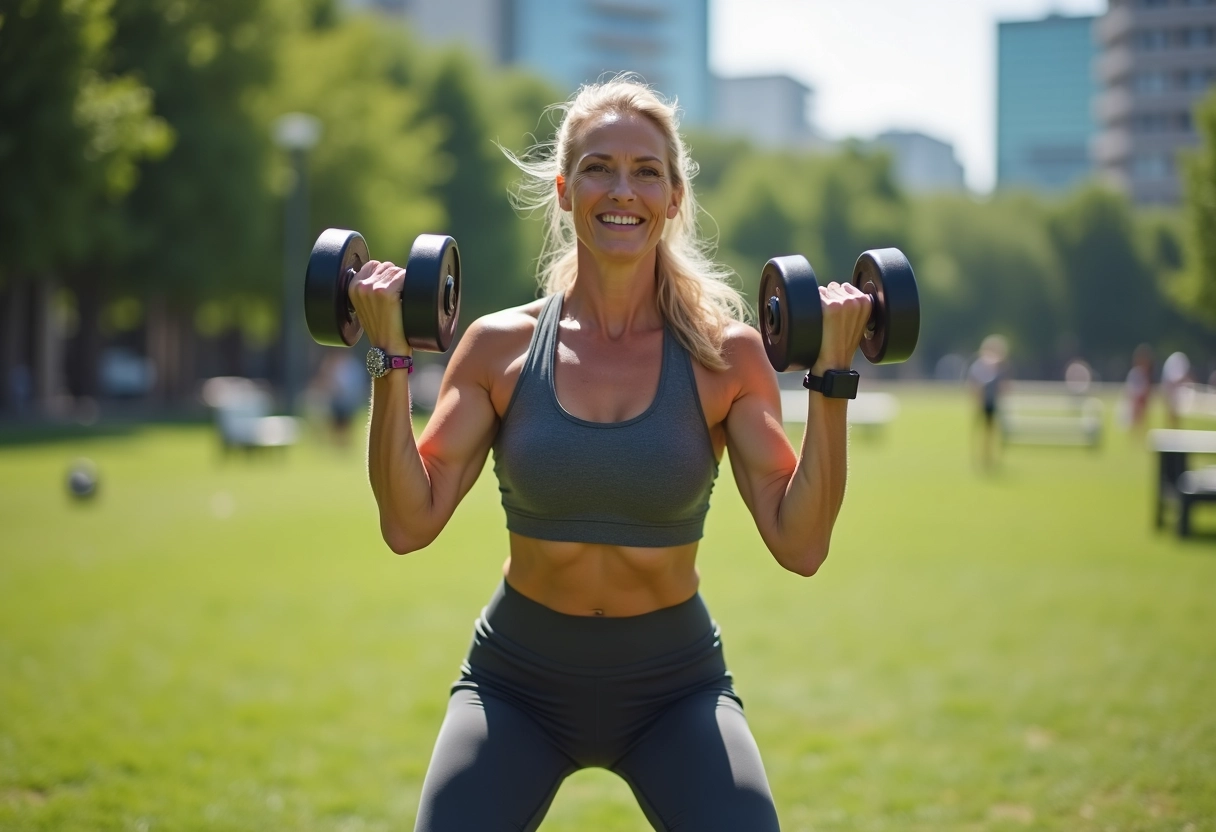 Femme sportive soulevant un haltère en plein air