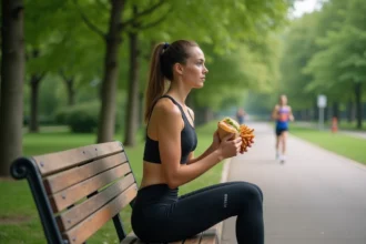 Jeune femme sportive mangeant un sandwich en plein air