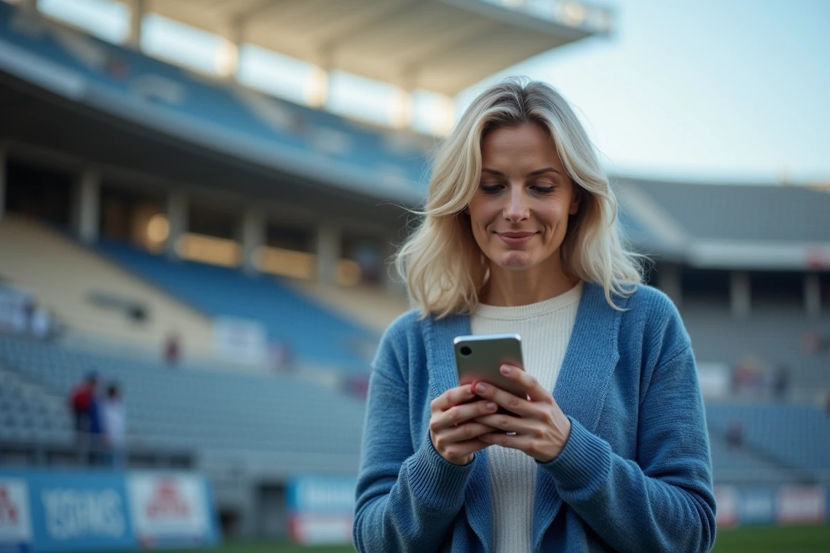 Femme avec cardigan près du stade AbbéDeschamps utilisant son smartphone