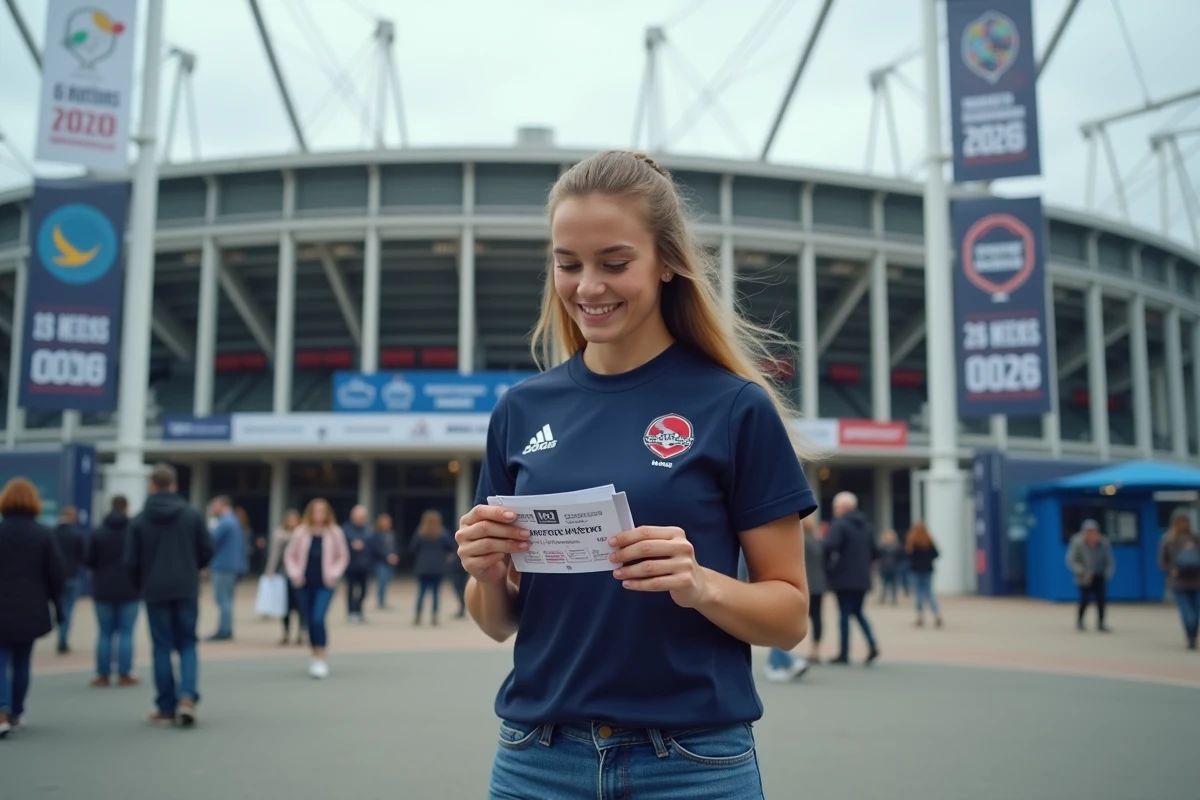 Jeune femme avec billets devant un stade français