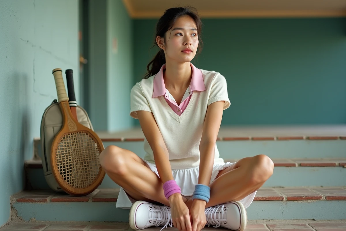 Femme assise dans un club de tennis en train de lacer ses chaussures