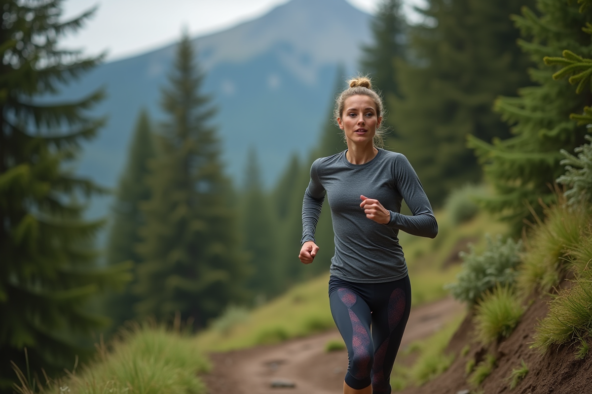 Femme courant en montée dans la forêt lors d