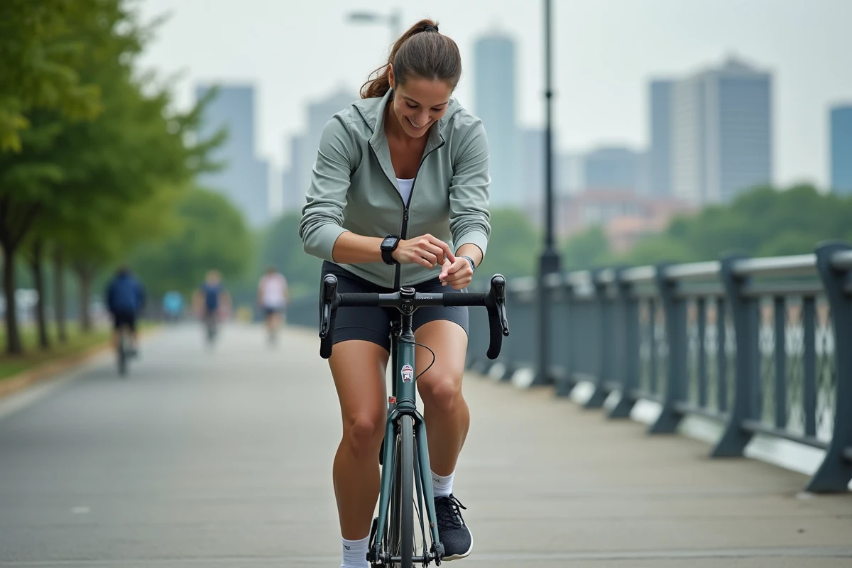 Femme vérifiant sa smartwatch sur vélo en ville