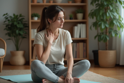Femme en yoga chez elle se masse l'épaule