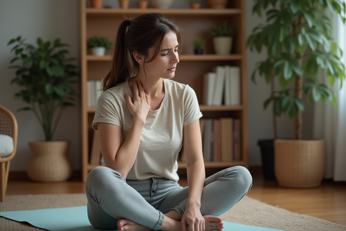Femme en yoga chez elle se masse l'épaule