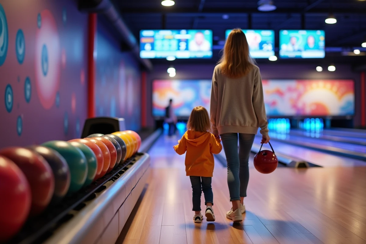Jeune femme et enfant choisissant une boule de bowling