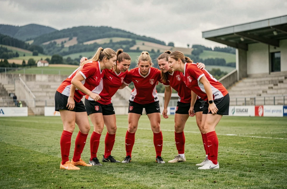 Joueuses de football féminin en cercle tactique sur un terrain de la Drôme Ardèche lors d'un entraînement d'équipe