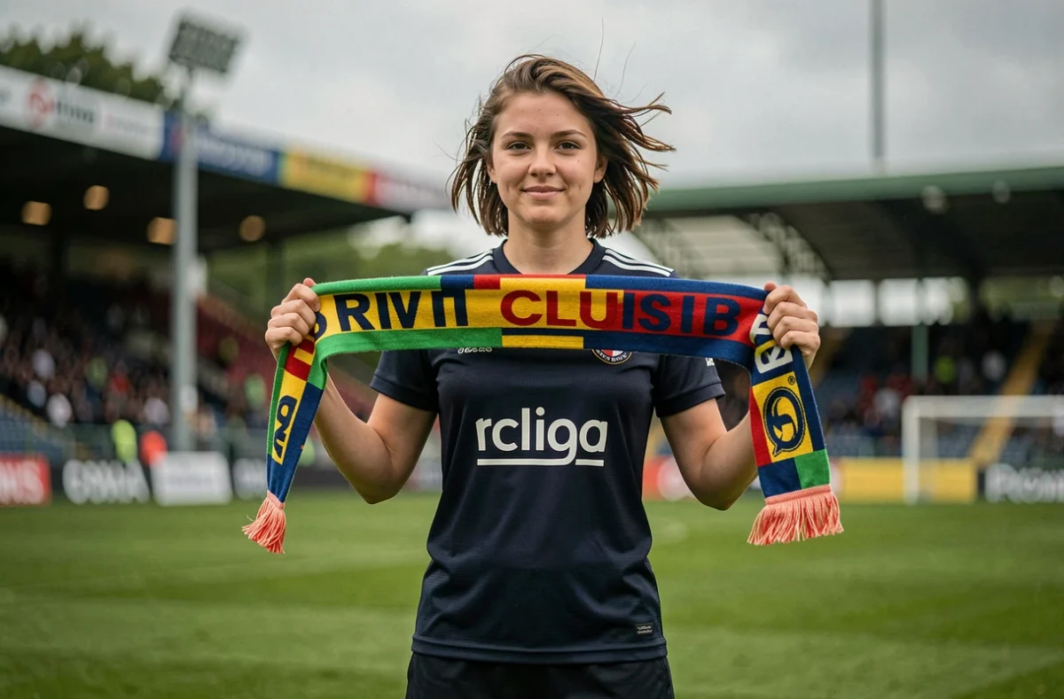 Footballeuse professionnelle tenant l'écharpe de son nouveau club sur la pelouse d'un stade