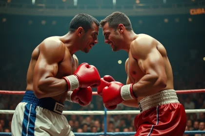 Deux boxeurs poids lourds vintage face à face dans le ring