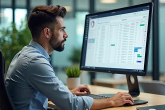 Homme consultant un tableau de bord de gestion sportive sur ordinateur de bureau avec calendrier et résultats centralisés