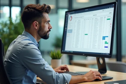 Homme consultant un tableau de bord de gestion sportive sur ordinateur de bureau avec calendrier et résultats centralisés