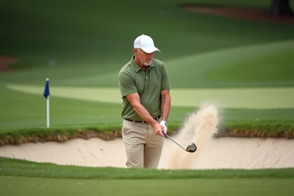 Golfeur en plein swing sortant du bunker vert