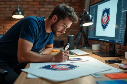 Graphiste examinant un logo de club de football imprimé sur un échantillon de maillot avec une loupe dans un studio créatif