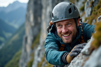 Homme en escalade sur une falaise rocheuse en montagne
