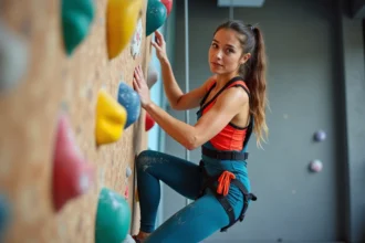 Jeune femme en tenue de grimpeur sur mur intérieur