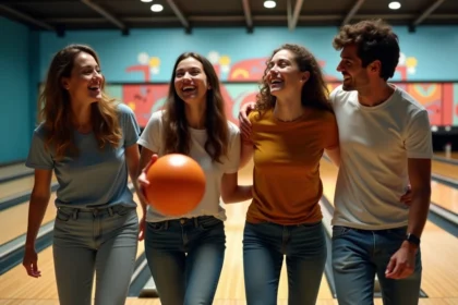 Groupe d'amis riant lors d'une partie de bowling