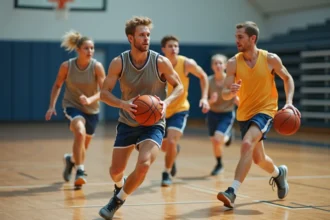 Groupe mixte jouant au basketball en intérieur dynamique
