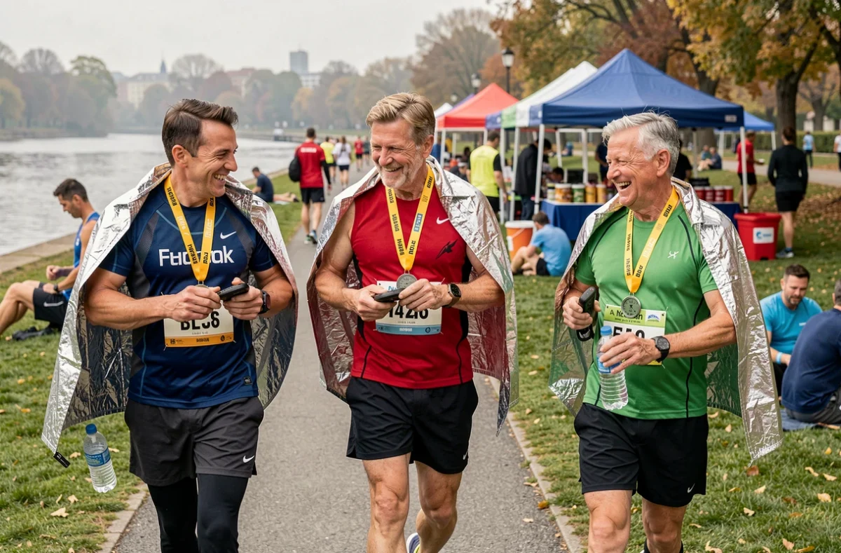 Groupe de trois coureurs amateurs de 30, 45 et 60 ans récupérant après un marathon, médailles au cou et couvertures de survie, discutant leurs montres GPS au bord d'une rivière