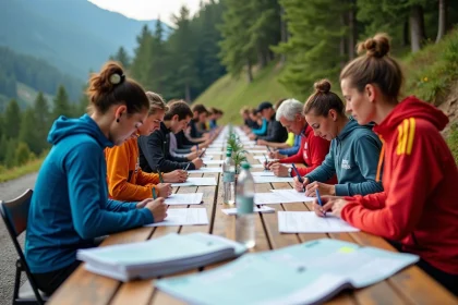 Groupe de coureurs préparant leur inscription avant la course