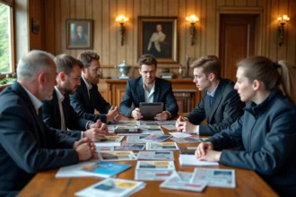 Groupe divers d'adultes et adolescents en tenue equestre discutant