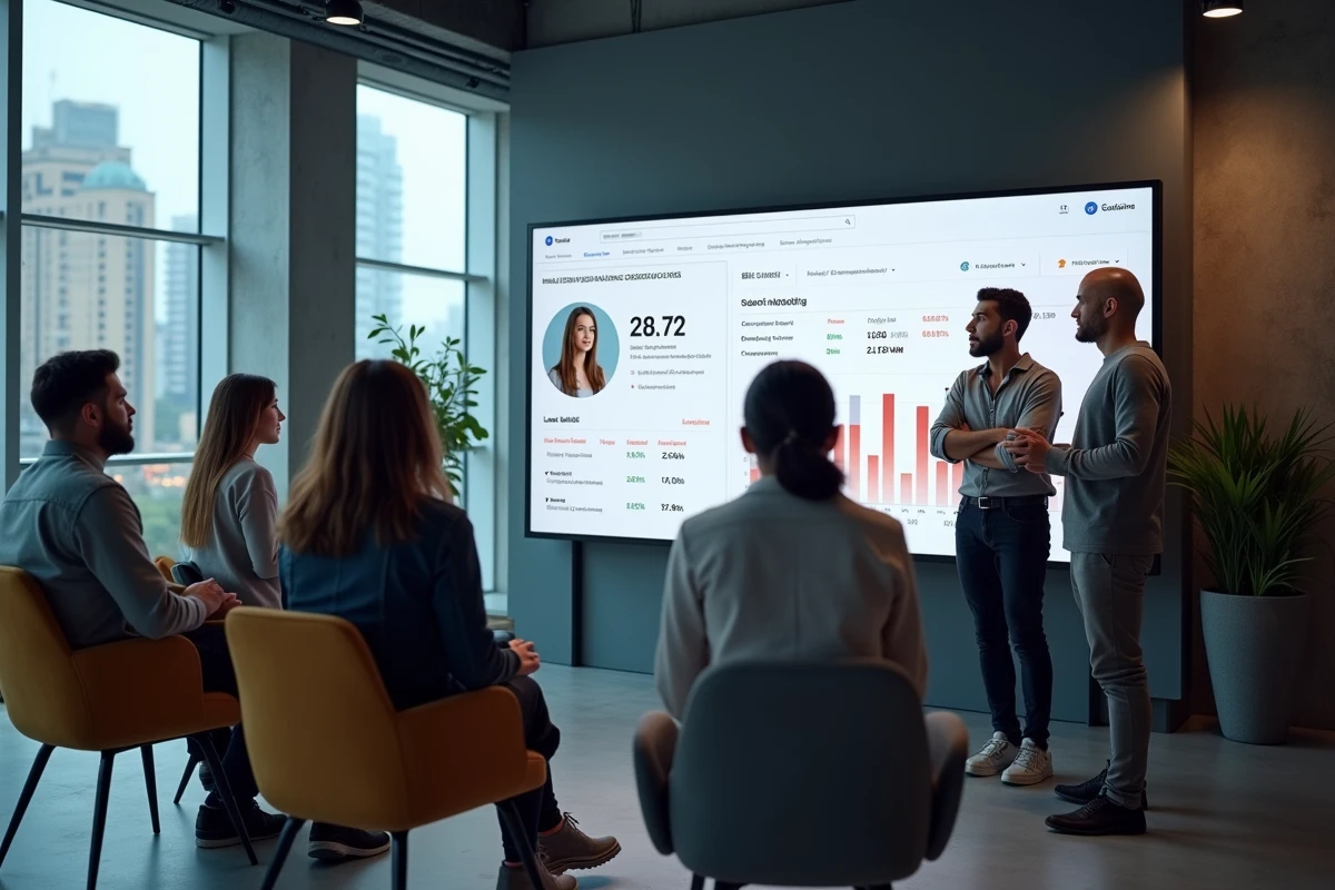 Groupe diversifié en réunion avec écran numérique