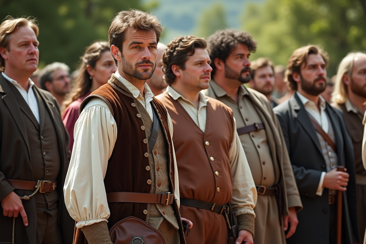 Groupe de personnes en costumes historiques en plein air