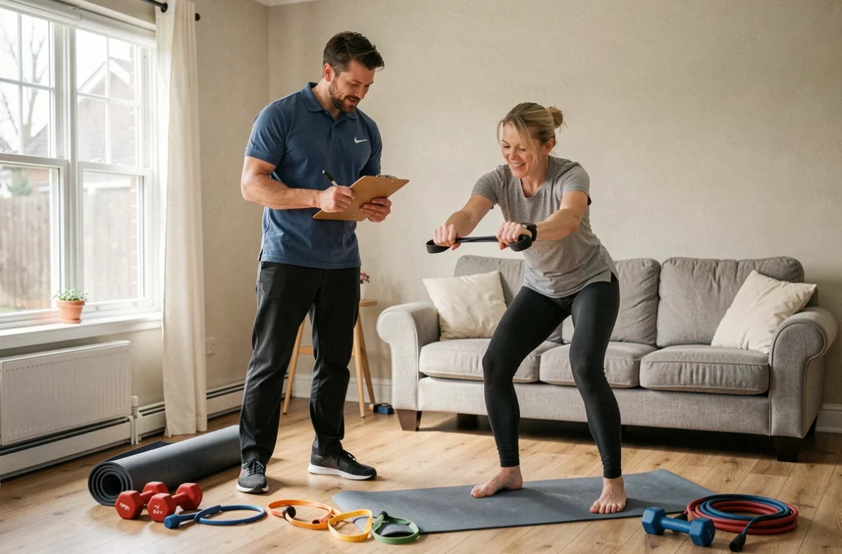 Coach sportif à domicile guidant une cliente lors d'une séance Gym à Dom dans un salon